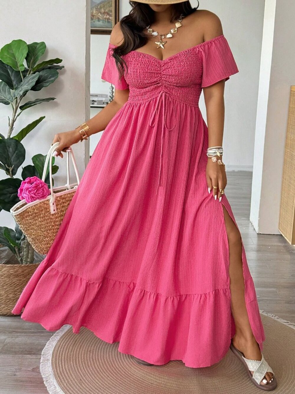 Pink Casual Women's Plus Size Boho Off The Shoulder maxi Dress